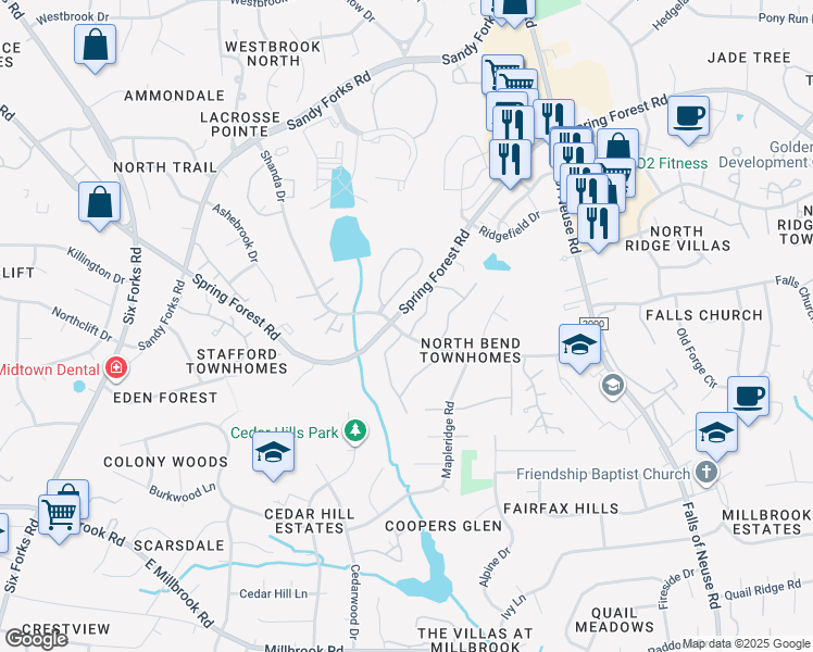 map of restaurants, bars, coffee shops, grocery stores, and more near 5901 Carmel Lane in Raleigh