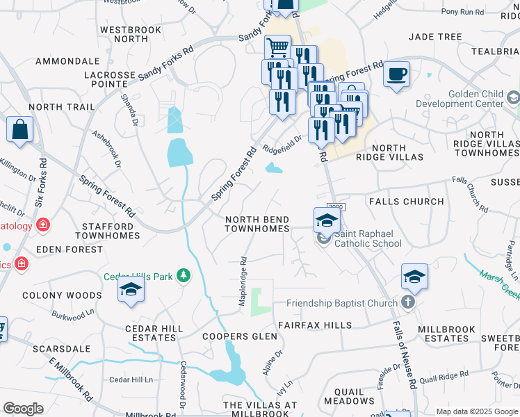 map of restaurants, bars, coffee shops, grocery stores, and more near 5913 Applewood Lane in Raleigh