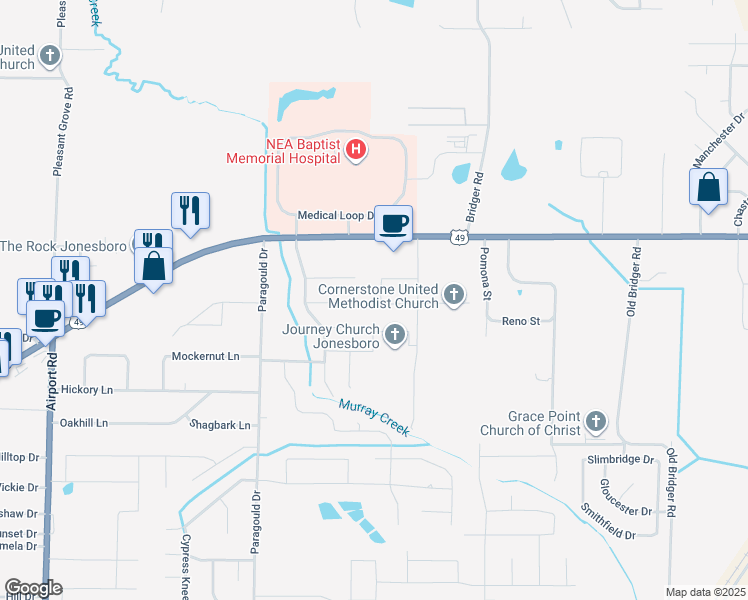 map of restaurants, bars, coffee shops, grocery stores, and more near 4601 Peter Trail in Jonesboro