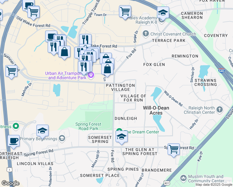 map of restaurants, bars, coffee shops, grocery stores, and more near 4600 Pooh Corner Drive in Raleigh