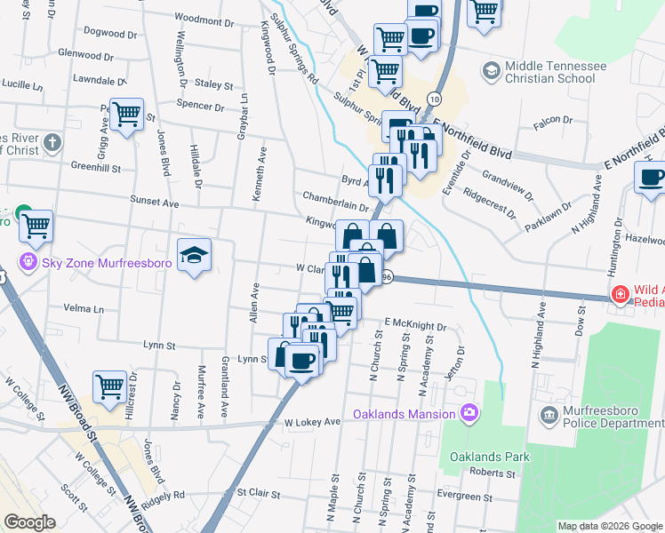 map of restaurants, bars, coffee shops, grocery stores, and more near 214 West Clark Boulevard in Murfreesboro