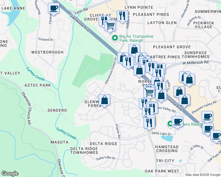 map of restaurants, bars, coffee shops, grocery stores, and more near 4618 Springerly Lane in Raleigh