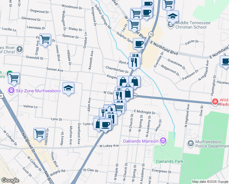 map of restaurants, bars, coffee shops, grocery stores, and more near 310 West Clark Boulevard in Murfreesboro