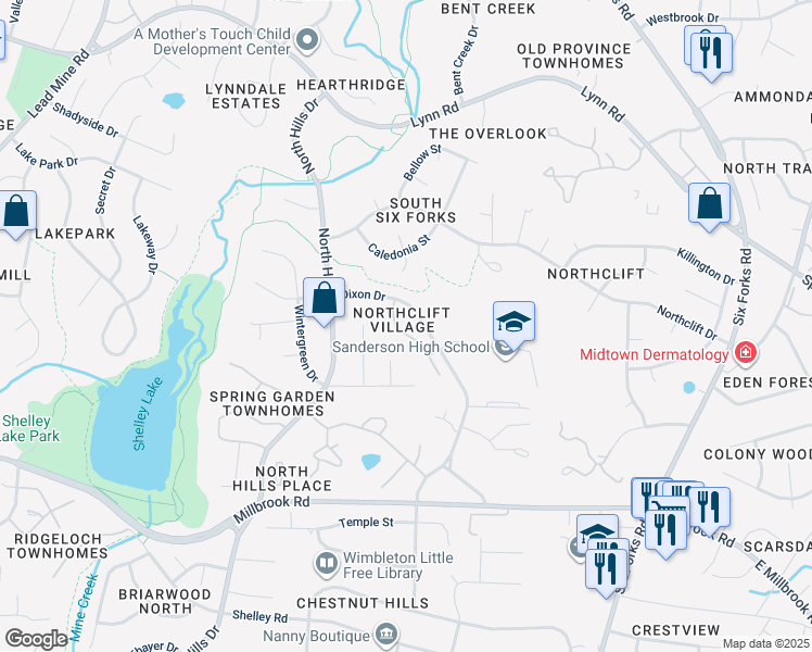 map of restaurants, bars, coffee shops, grocery stores, and more near 6015 Dixon Drive in Raleigh