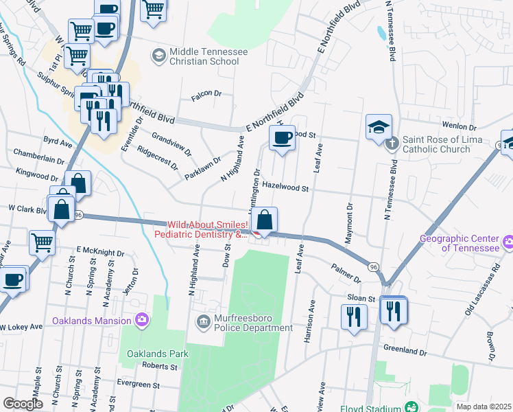 map of restaurants, bars, coffee shops, grocery stores, and more near 1402 Huntington Drive in Murfreesboro