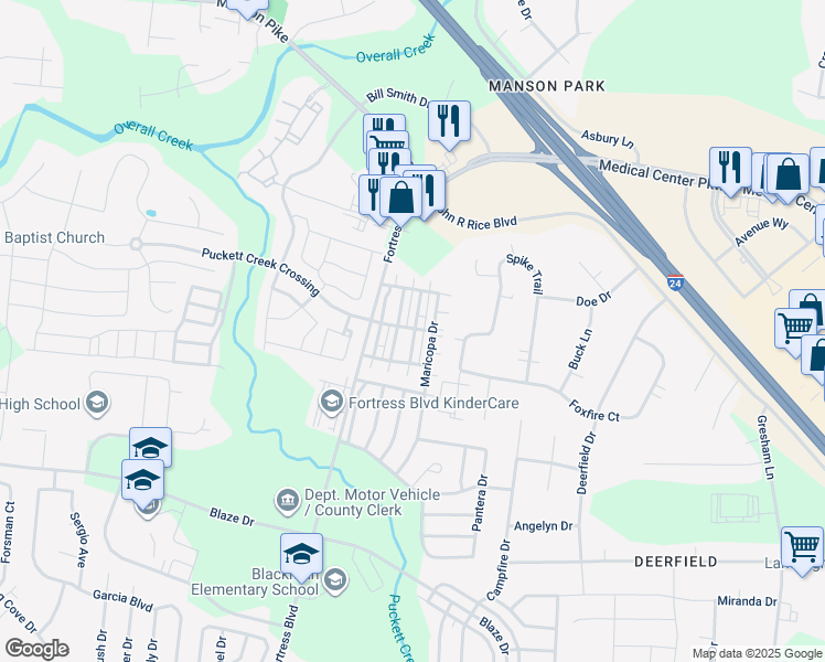 map of restaurants, bars, coffee shops, grocery stores, and more near 937 Wolves Den Place in Murfreesboro