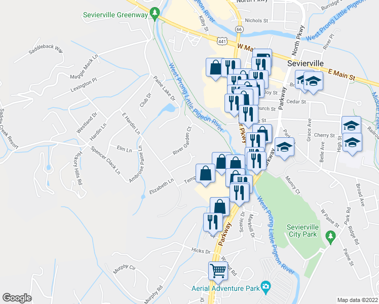map of restaurants, bars, coffee shops, grocery stores, and more near 428 Larkspur Way in Sevierville