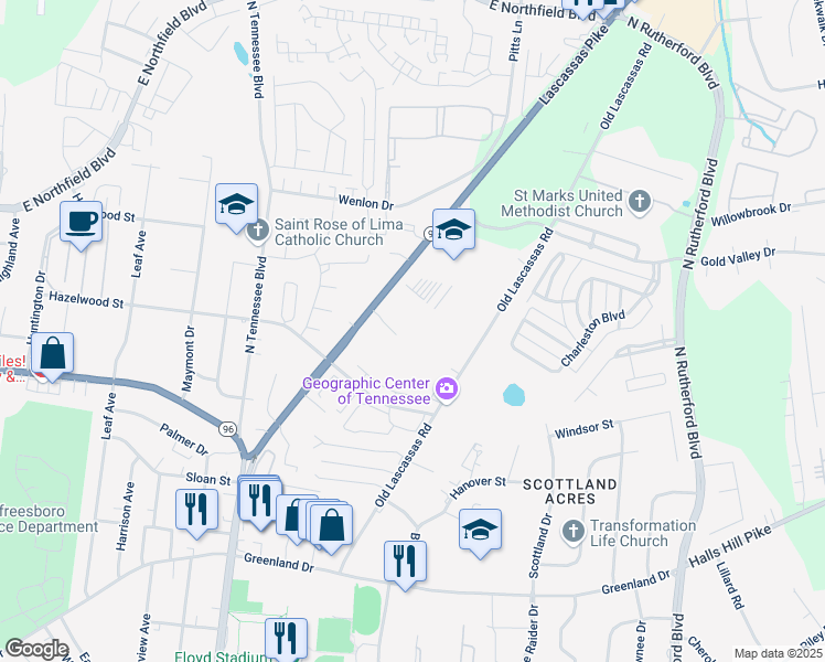 map of restaurants, bars, coffee shops, grocery stores, and more near 1540 Lascassas Pike in Murfreesboro