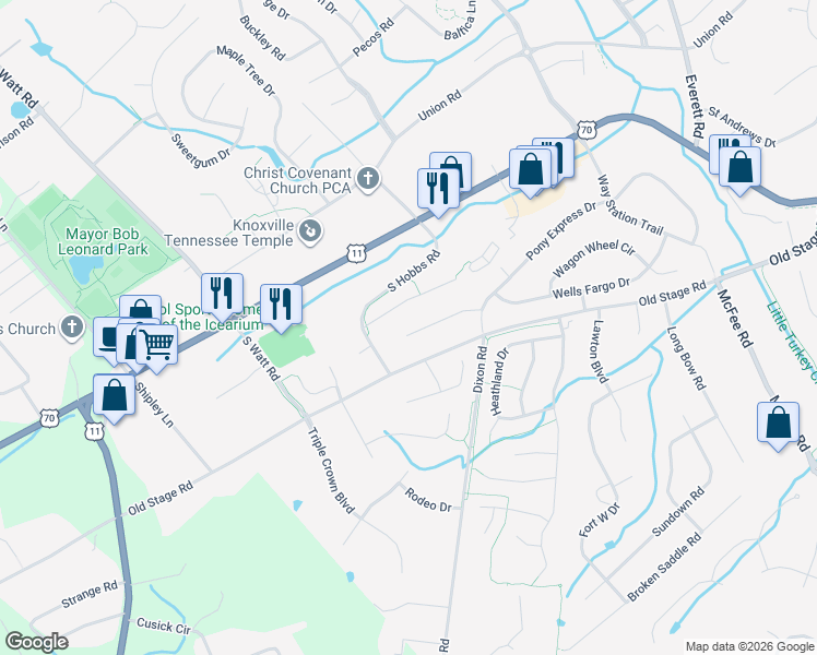 map of restaurants, bars, coffee shops, grocery stores, and more near 12929 Butterfield Lane in Knoxville