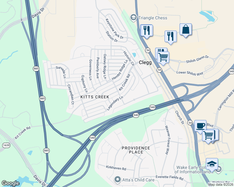 map of restaurants, bars, coffee shops, grocery stores, and more near 6301 Kit Creek Road in Morrisville