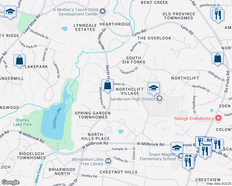 map of restaurants, bars, coffee shops, grocery stores, and more near 5932 Crepe Myrtle Court in Raleigh