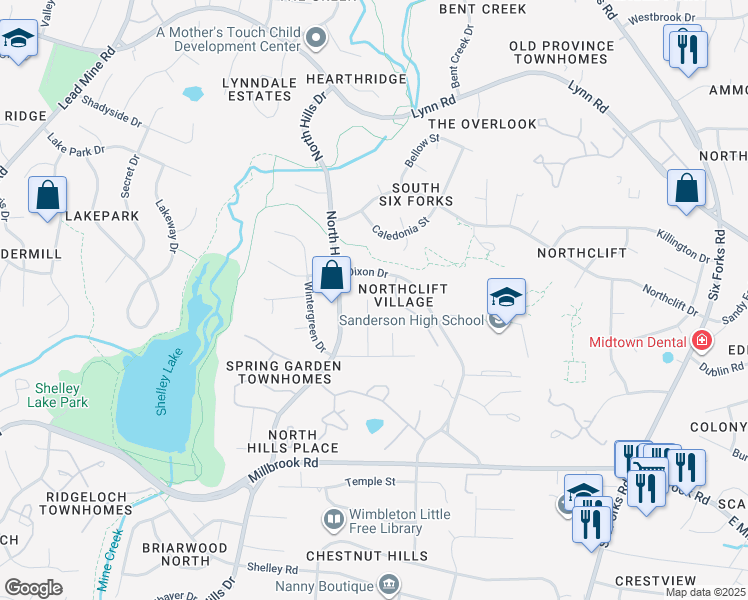 map of restaurants, bars, coffee shops, grocery stores, and more near 5932 Crepe Myrtle Court in Raleigh