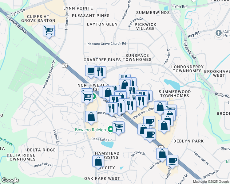 map of restaurants, bars, coffee shops, grocery stores, and more near 6600 Glenwood Avenue in Raleigh
