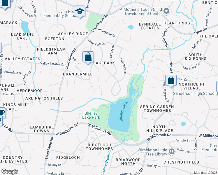 map of restaurants, bars, coffee shops, grocery stores, and more near 6229 Lookout Loop in Raleigh