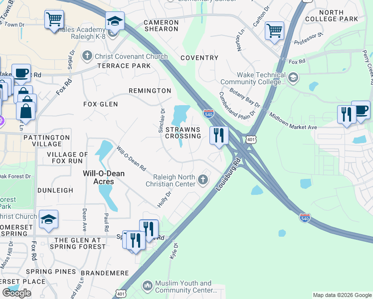 map of restaurants, bars, coffee shops, grocery stores, and more near 6105 Remington Lake Drive in Raleigh