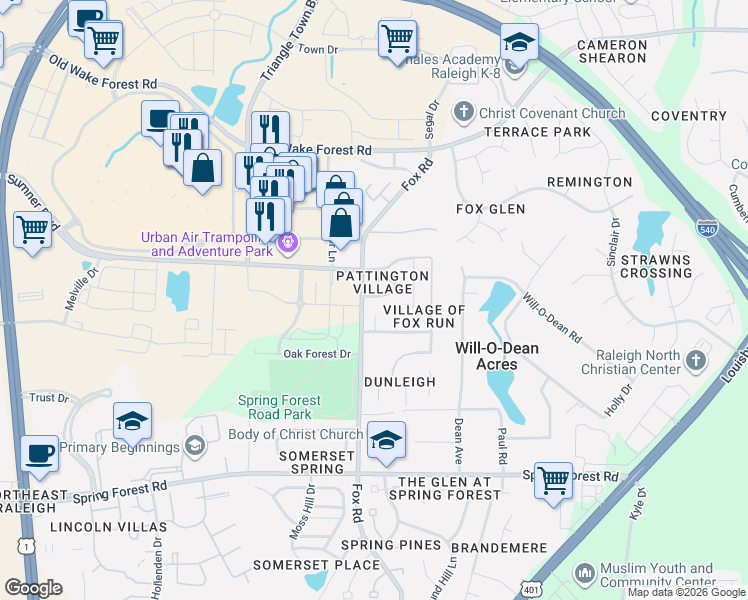 map of restaurants, bars, coffee shops, grocery stores, and more near 4618 Pooh Corner Drive in Raleigh