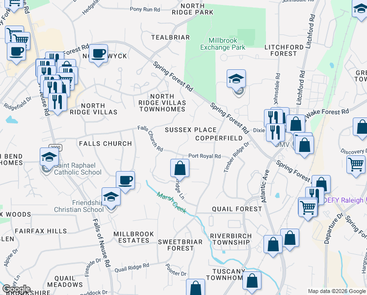 map of restaurants, bars, coffee shops, grocery stores, and more near 2005 Port Royal Road in Raleigh