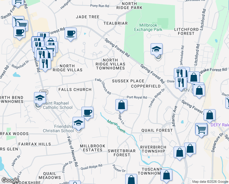 map of restaurants, bars, coffee shops, grocery stores, and more near 2101 Treverton Place in Raleigh