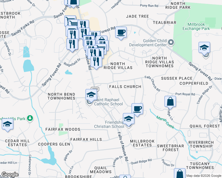 map of restaurants, bars, coffee shops, grocery stores, and more near 5212 Old Forge Circle in Raleigh
