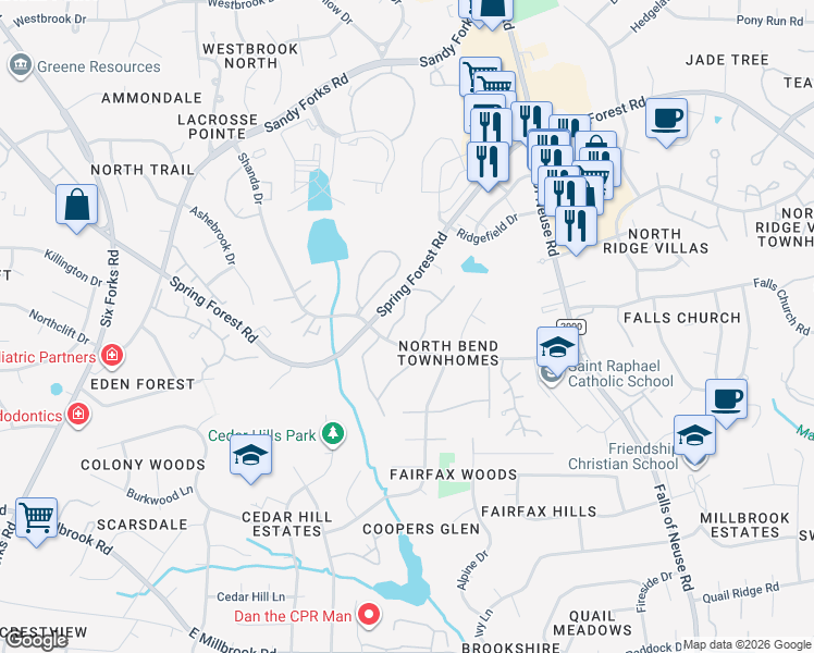map of restaurants, bars, coffee shops, grocery stores, and more near 5905 Whitebud Drive in Raleigh