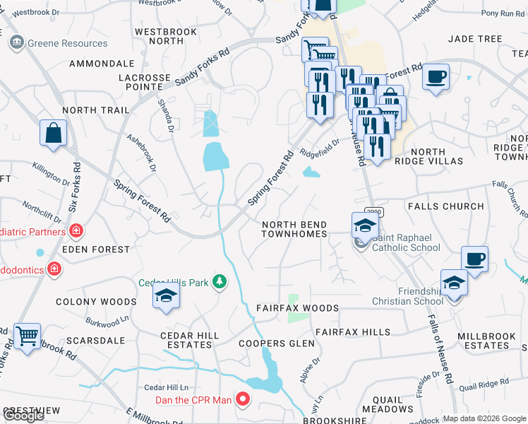 map of restaurants, bars, coffee shops, grocery stores, and more near 5905 Whitebud Drive in Raleigh