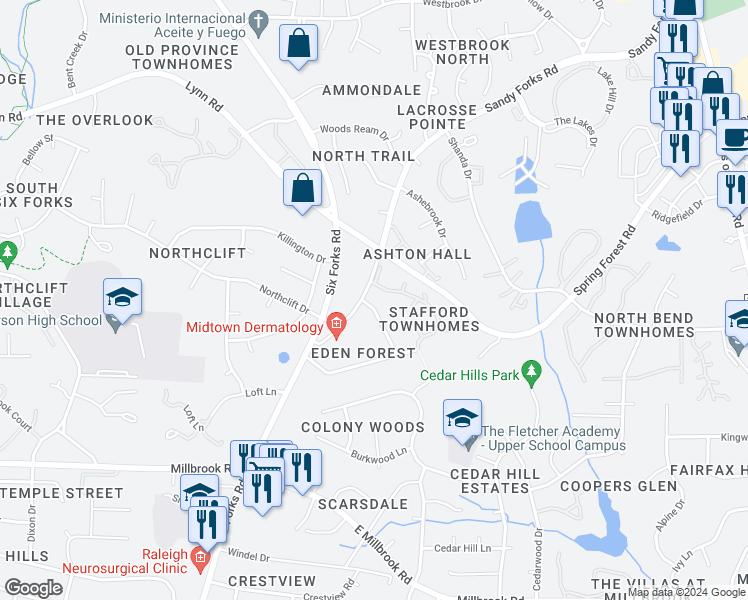 map of restaurants, bars, coffee shops, grocery stores, and more near 5824 Shawood Drive in Raleigh