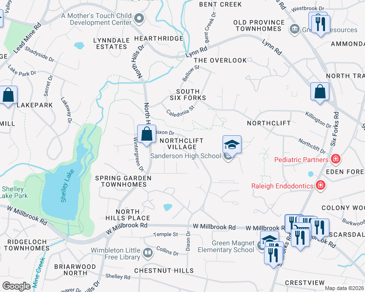 map of restaurants, bars, coffee shops, grocery stores, and more near 6013 Dixon Drive in Raleigh