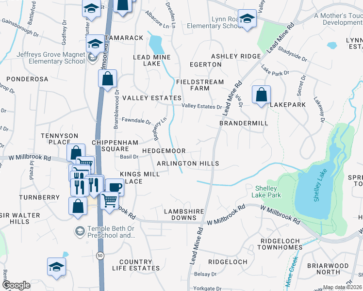 map of restaurants, bars, coffee shops, grocery stores, and more near 2104 Longwood Drive in Raleigh