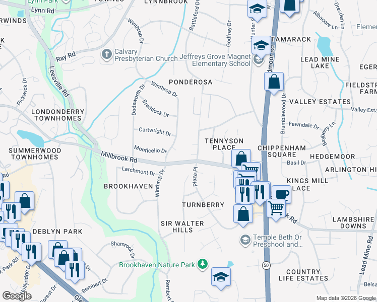 map of restaurants, bars, coffee shops, grocery stores, and more near 3004 Windberry Street in Raleigh