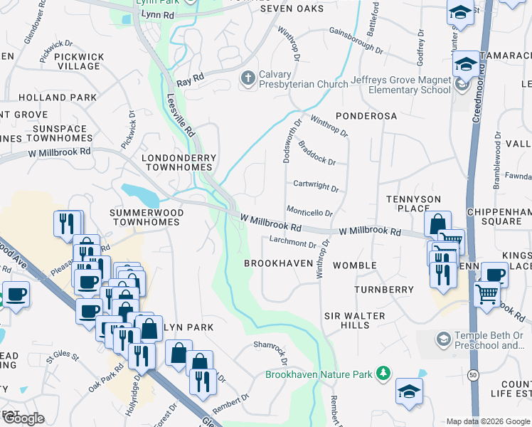 map of restaurants, bars, coffee shops, grocery stores, and more near 6006 Belgreen Court in Raleigh
