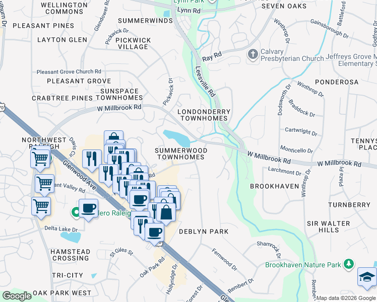 map of restaurants, bars, coffee shops, grocery stores, and more near 3712 Pleasant Valley Road in Raleigh