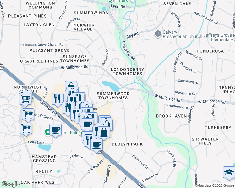 map of restaurants, bars, coffee shops, grocery stores, and more near 3712 Pleasant Valley Road in Raleigh