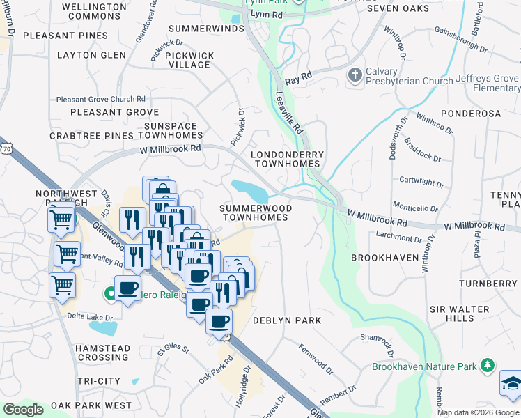 map of restaurants, bars, coffee shops, grocery stores, and more near 3835 Summerwood Court in Raleigh