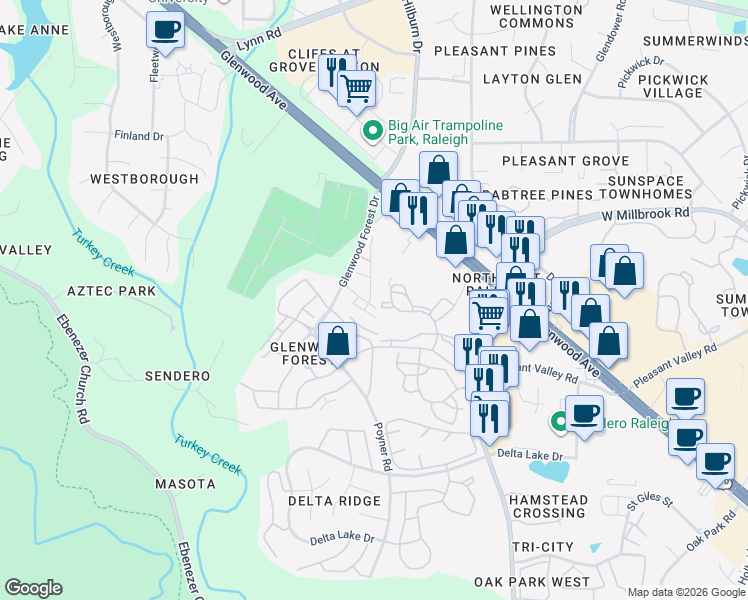 map of restaurants, bars, coffee shops, grocery stores, and more near 6102 Braidwood Court in Raleigh