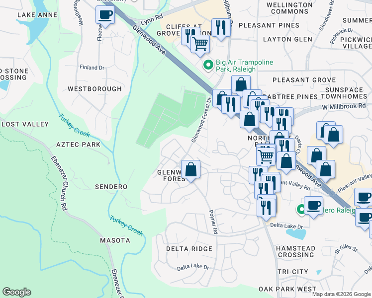 map of restaurants, bars, coffee shops, grocery stores, and more near 4618 Springerly Lane in Raleigh