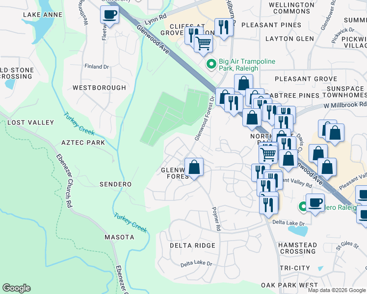 map of restaurants, bars, coffee shops, grocery stores, and more near 6053 History TR in Raleigh