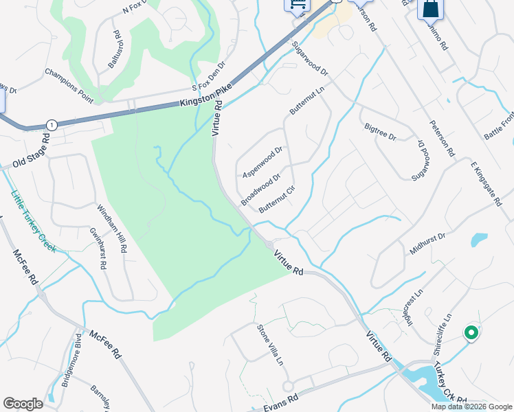 map of restaurants, bars, coffee shops, grocery stores, and more near 12308 Butternut Circle in Knoxville
