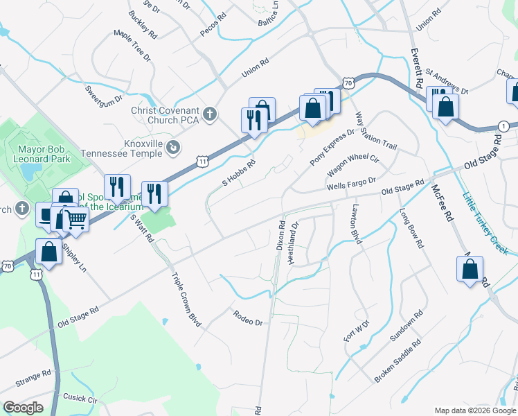 map of restaurants, bars, coffee shops, grocery stores, and more near 12916 Butterfield Lane in Knoxville