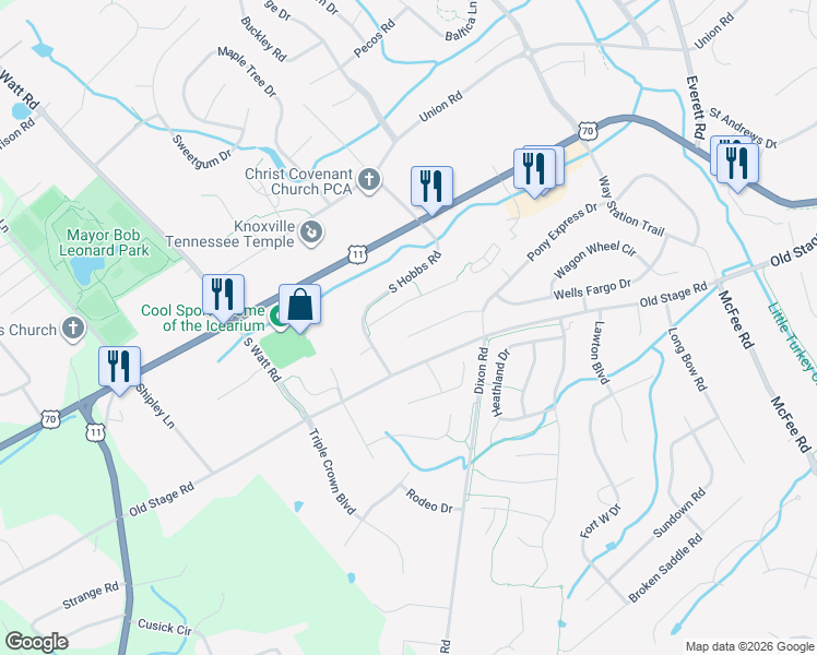 map of restaurants, bars, coffee shops, grocery stores, and more near 12929 Butterfield Lane in Knoxville