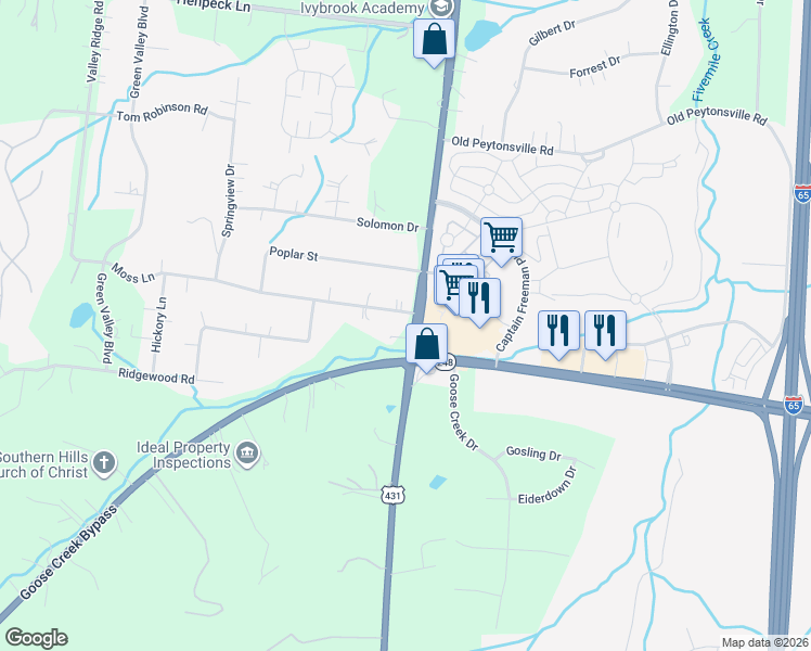 map of restaurants, bars, coffee shops, grocery stores, and more near 101 Moss Lane in Franklin