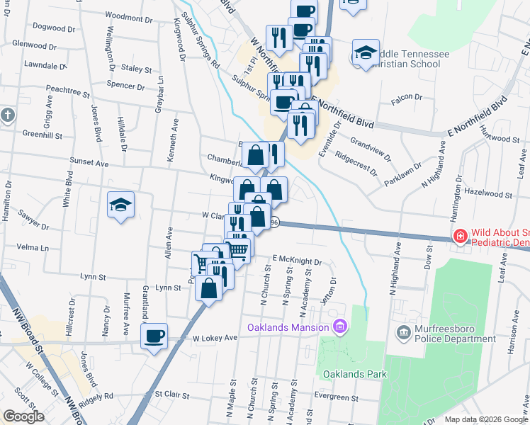 map of restaurants, bars, coffee shops, grocery stores, and more near 1420 Tennessee 10 in Murfreesboro