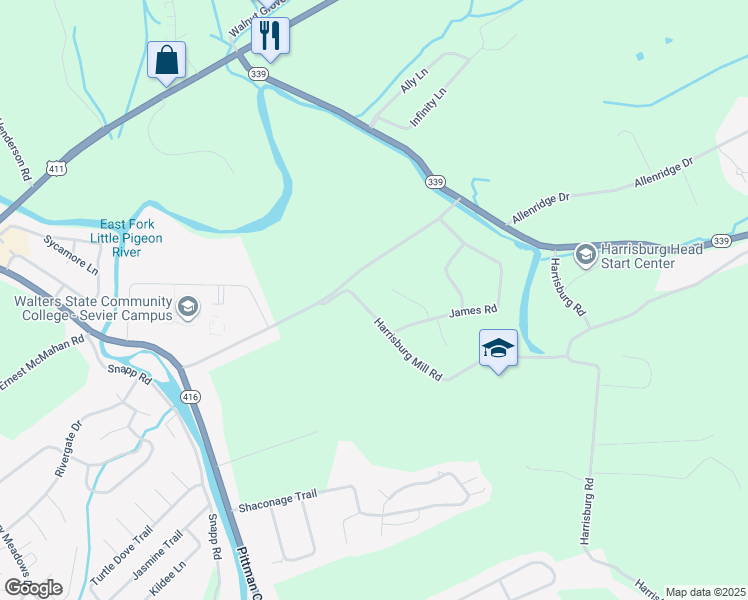 map of restaurants, bars, coffee shops, grocery stores, and more near 1715 Harrisburg Mill Road in Sevierville