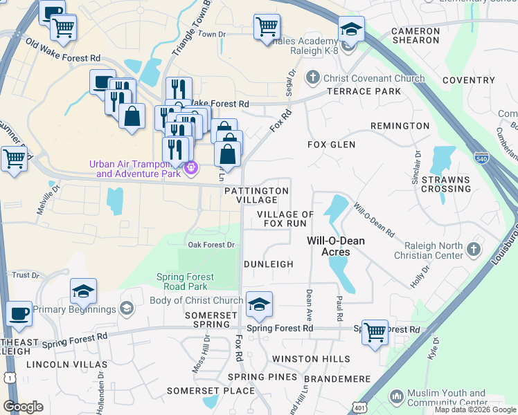 map of restaurants, bars, coffee shops, grocery stores, and more near 4618 Pooh Corner Drive in Raleigh