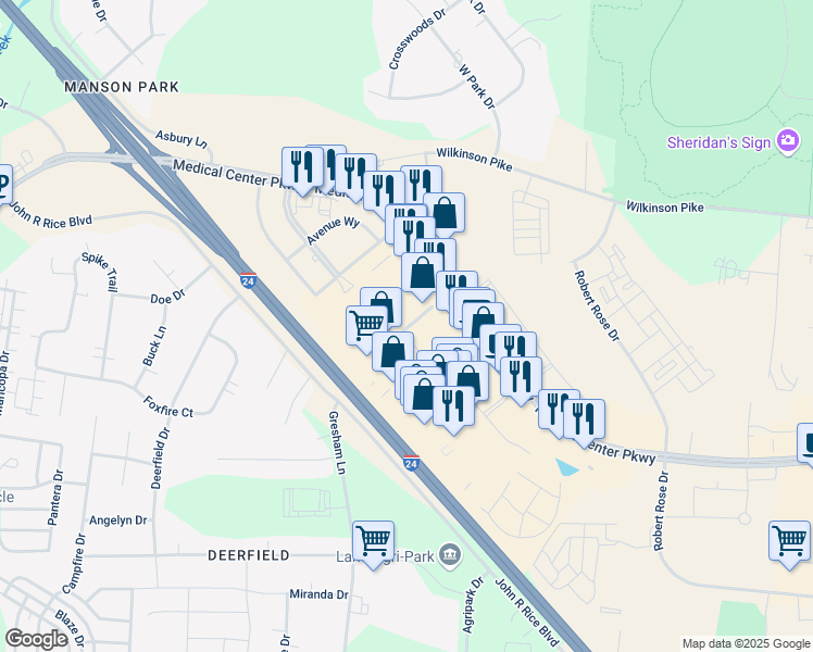 map of restaurants, bars, coffee shops, grocery stores, and more near 2615 Medical Center Parkway in Murfreesboro