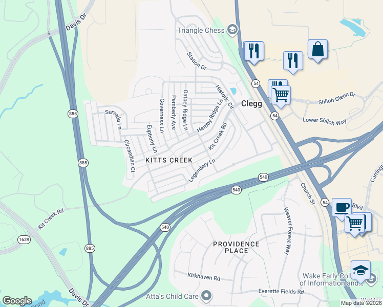map of restaurants, bars, coffee shops, grocery stores, and more near 6333 Kit Creek Road in Morrisville
