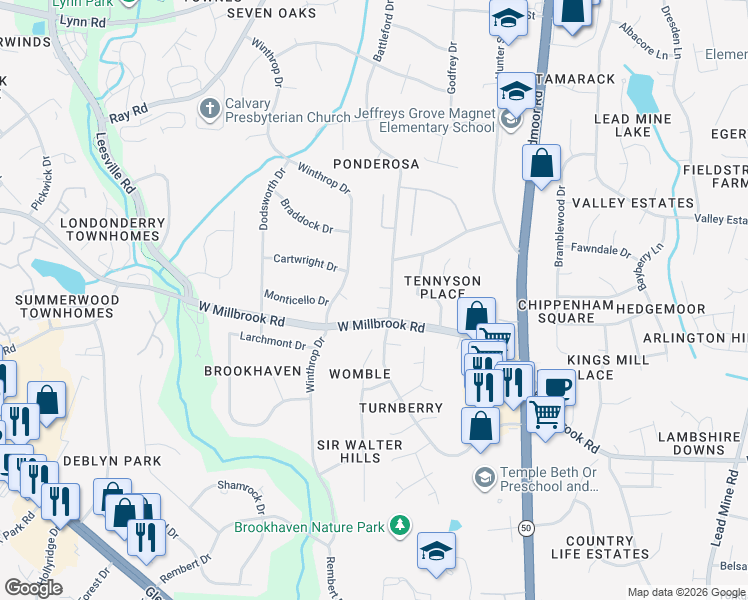 map of restaurants, bars, coffee shops, grocery stores, and more near 3004 Windberry Street in Raleigh