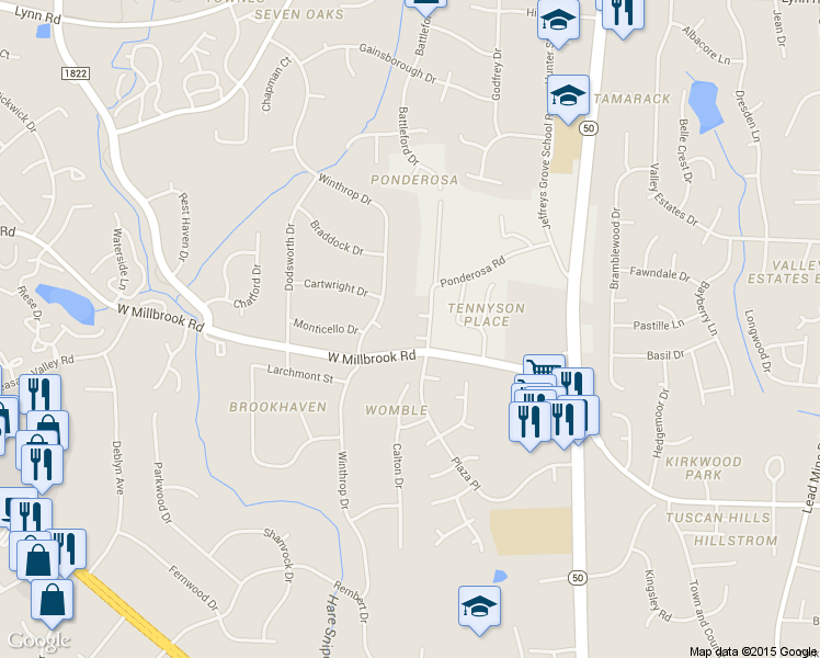 map of restaurants, bars, coffee shops, grocery stores, and more near 3004 Windberry Street in Raleigh