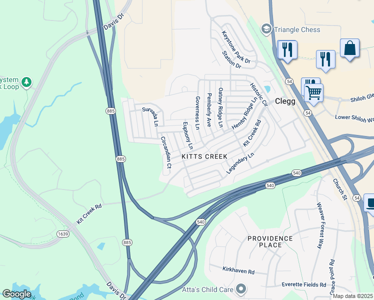 map of restaurants, bars, coffee shops, grocery stores, and more near 1704 Hemby Ridge Lane in Morrisville