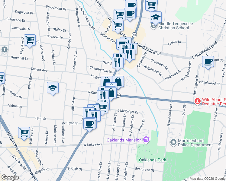 map of restaurants, bars, coffee shops, grocery stores, and more near 1420 Tennessee 10 in Murfreesboro