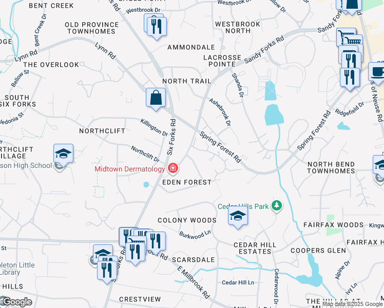 map of restaurants, bars, coffee shops, grocery stores, and more near 5824 Shawood Drive in Raleigh